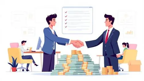 Business people shaking hands over money stack office successful acquisition