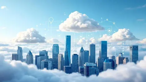 Nz city skyline clouds transforming into servers and data streams