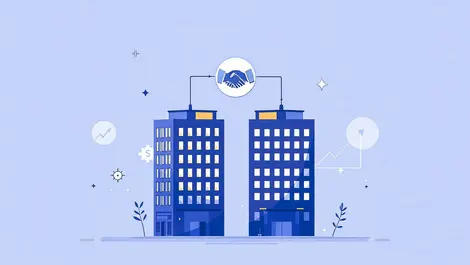 Illustration business buildings connected by handshake icon company acquisition