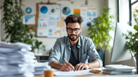 Modern office caucasian recruiter computer resumes charts busy organized recruitment technology natural daylight neutral colors