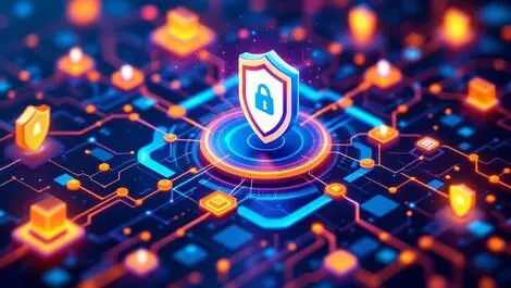 Abstract digital illustration advanced cybersecurity secure data network nodes shields ai threat detection modern colors