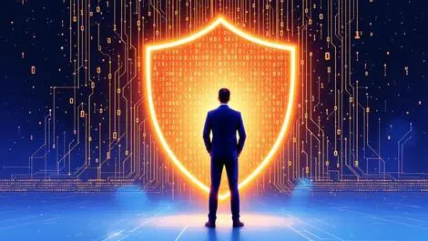 Businessman protecting binary data with glowing shield ai security