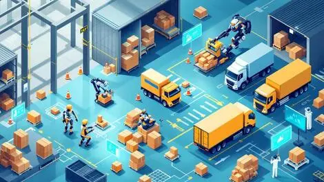 Modern illustration busy logistics warehouse automated robots delivery trucks digital screens ai supply chain