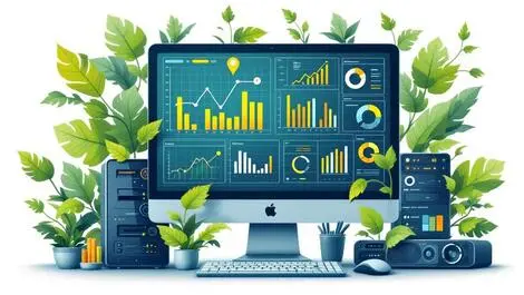 Digital illustration it devices graphs data sustainability green leaves office