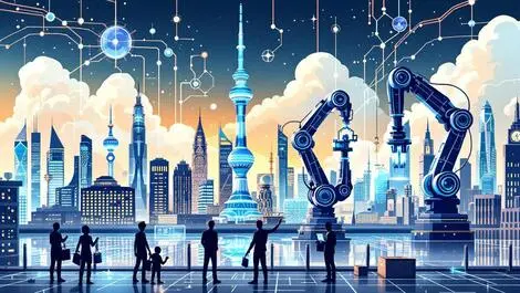 Modern asia pacific city skyline ai integration robotic arms data streams