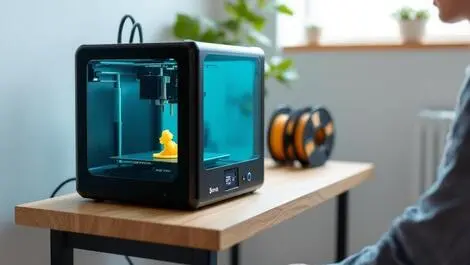 Realistic photo entry level 3d printer printing small plastic object on desktop