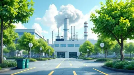 Modern electronics factory green trees solar panels recycling bins clean air emissions reduction