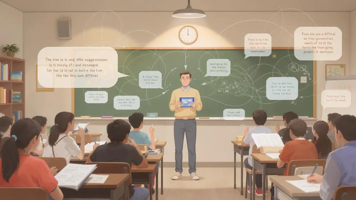 Classroom teacher guiding students with ai tablet assisting essays