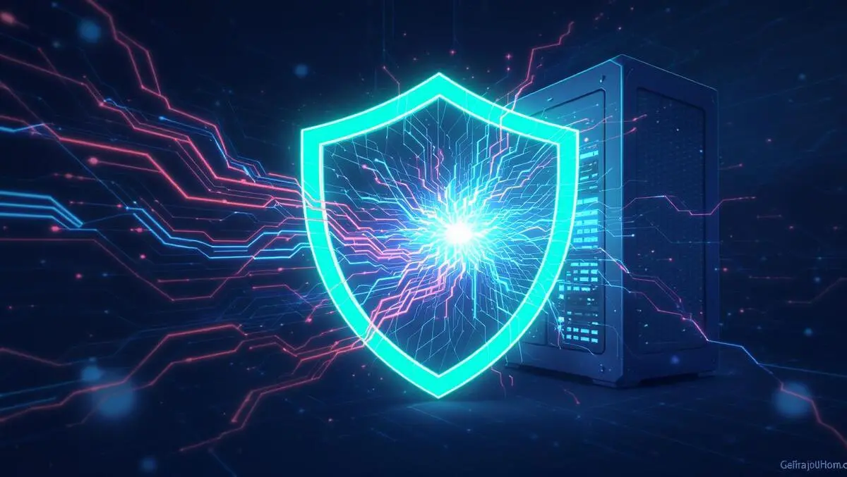 Digital shield protecting server against cyberattack red blue data lines clean illustration