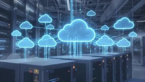 Interconnected cloud icons above server racks data center cloud management optimization