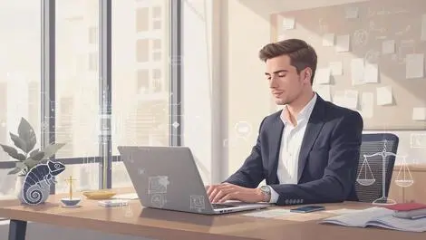 Young professional working at computer digital literacy ethics adaptability icons modern office