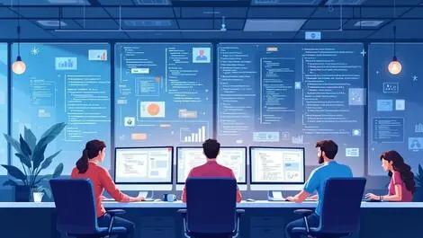 Illustration computer programmers collaborating workstations abstract code