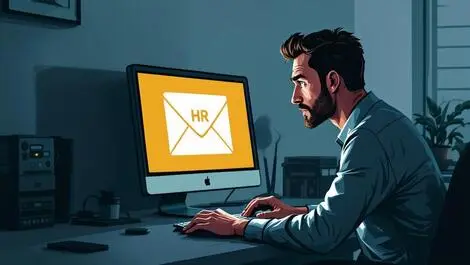 Realistic office worker opening suspicious internal email at desk cautiously