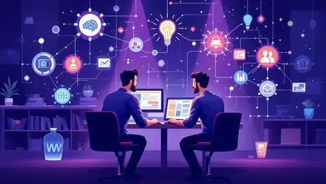 Two software engineers collaborating ai coding project management modern office