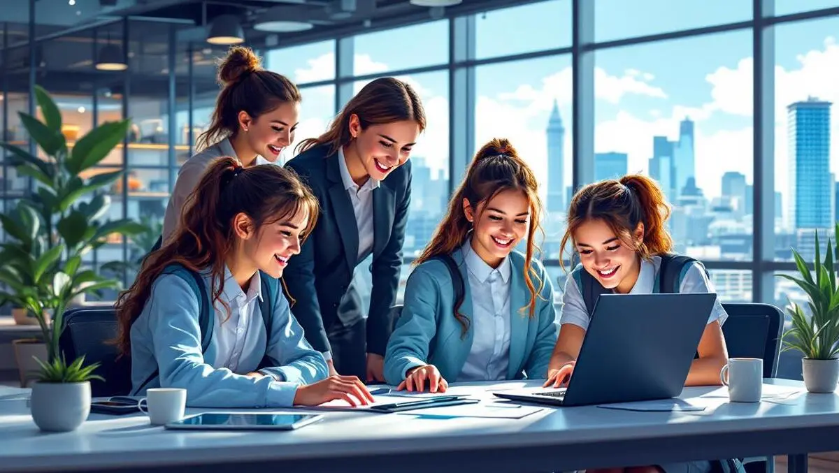Enthusiastic new zealand schoolgirls futuristic tech mentorship modern office