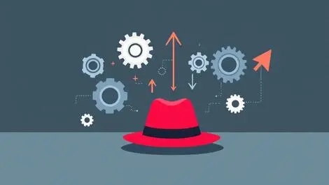 Interconnected gears growth arrows red fedora business strategy automation