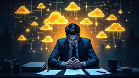 Worried businessperson desk digital clouds shadowy unauthorized ai apps