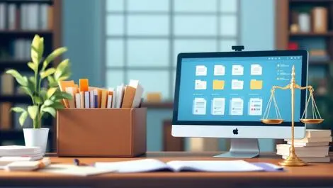 Professional legal office digital document management legal files scales justice