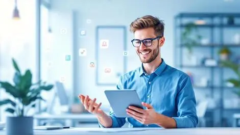 Cheerful small business owner using tablet with app ui in modern office