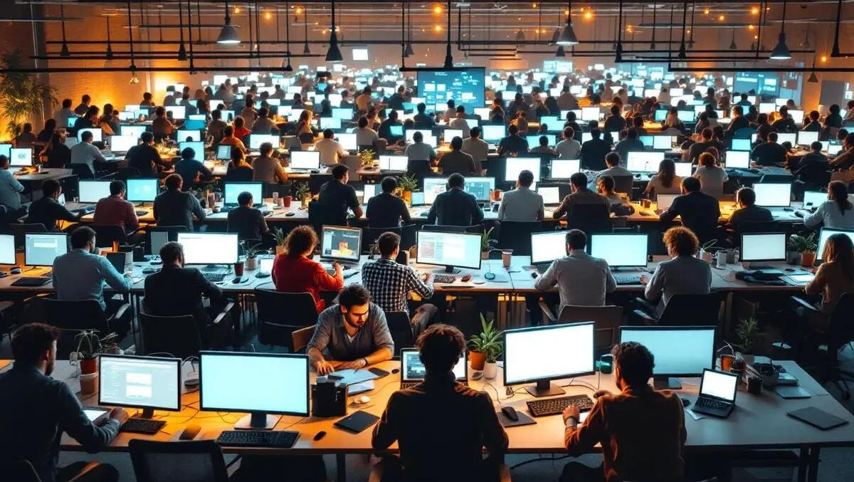 Bustling office team collaborating brainstorming coding software ai