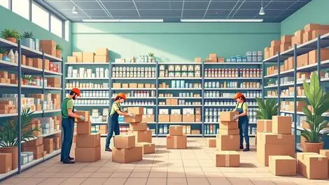 Australian retail store interior staff packing products into shipping boxes fulfillment center concept