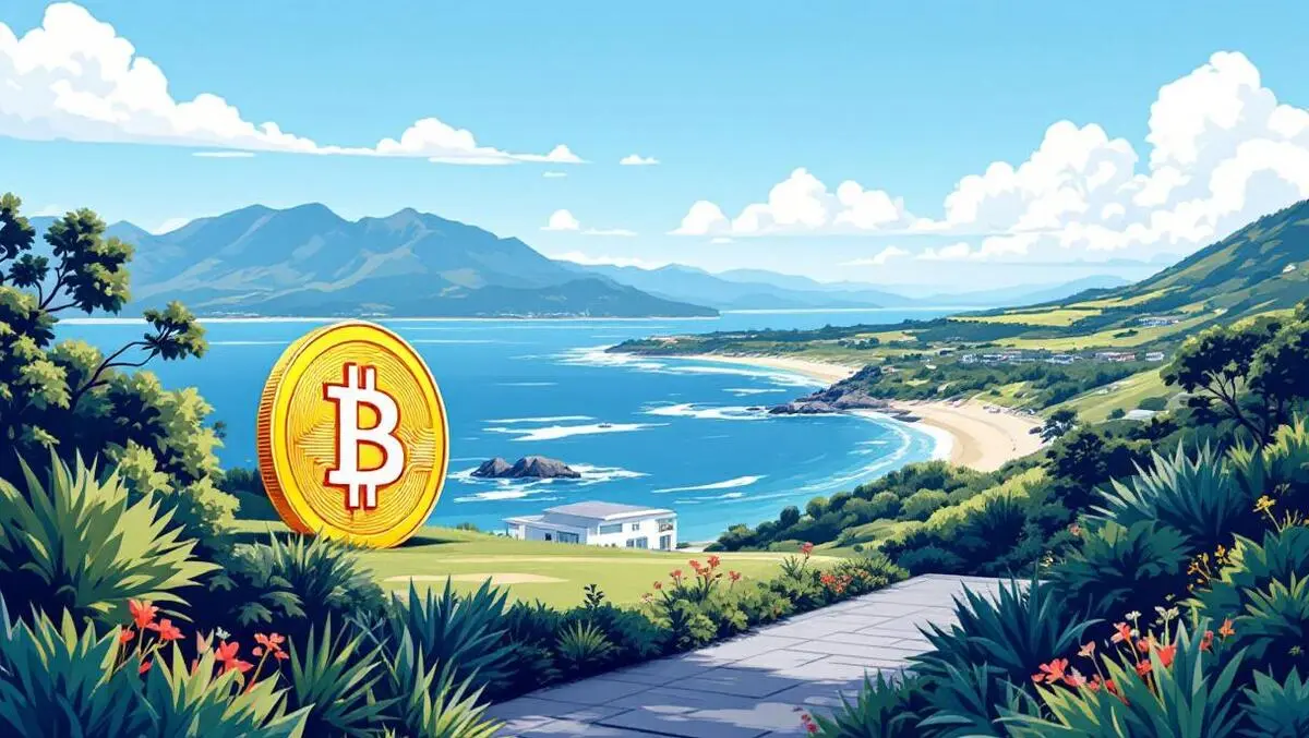 Modern house papamoa beach new zealand bitcoin coin landscape illustration