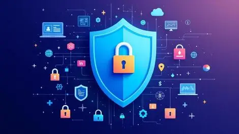 Vector graphic shield with computer icons locks alerts online cybersecurity