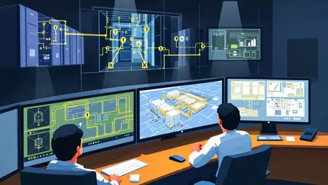 Illustrated control room security monitors data center infrastructure operators