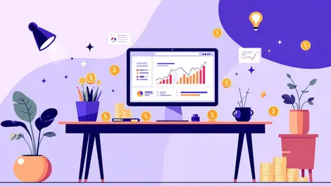 Modern business office desk computer financial dashboard coins charts investment