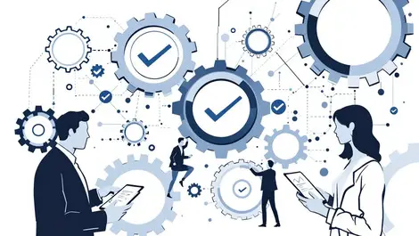 Modern illustration interconnected gears checkmarks automated risk management vendor auditing businesspeople reviewing data