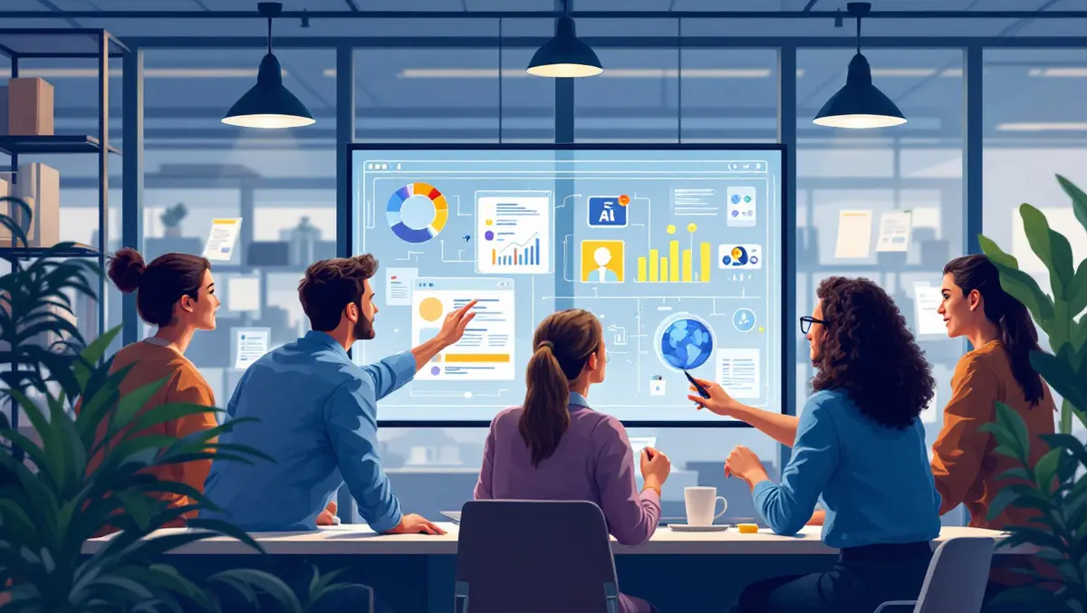 Young professionals collaborating around digital screen in modern uk office