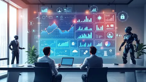 Business executives reviewing ai data visualizations in modern office with financial charts and secure data icons representing responsible ai