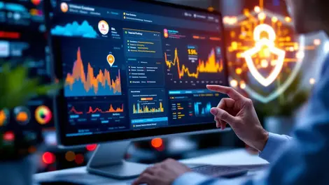 Cybersecurity professional analyzing risk heatmaps vulnerability alerts ai assisted threat protection