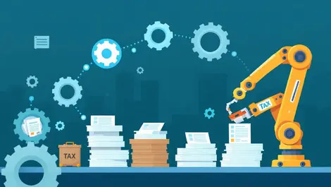 Automated tax compliance robotic arm sorting paperwork gears documents