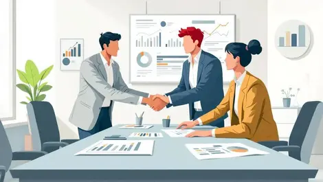 Business professionals collaborating sales marketing data charts conference