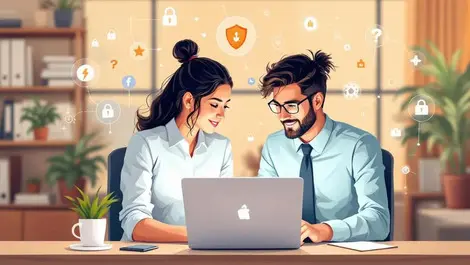 Two professionals collaborating over laptop with cybersecurity icons technology training office