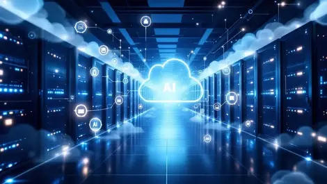 Modern data center servers glowing cloud ai icons interconnecting infrastructure