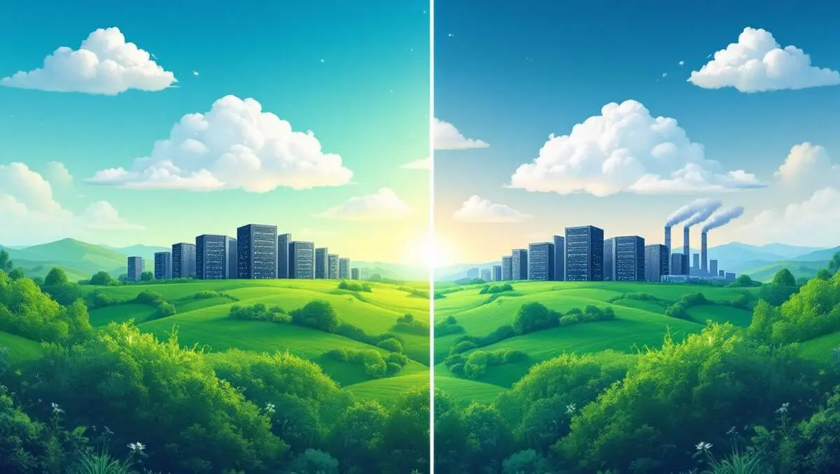 Cloud servers environmental impact clean air vs pollution lush green landscape