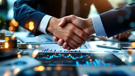 Business professionals shaking hands over documents digital assets
