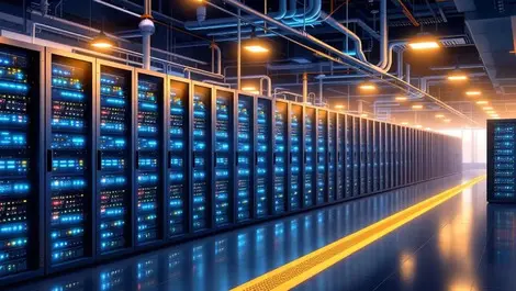 Realistic modern data center rows server racks liquid cooling advanced tech