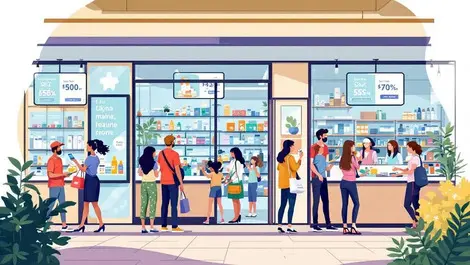 Australian pharmacy storefront bustling shoppers digital screens loyalty card scan