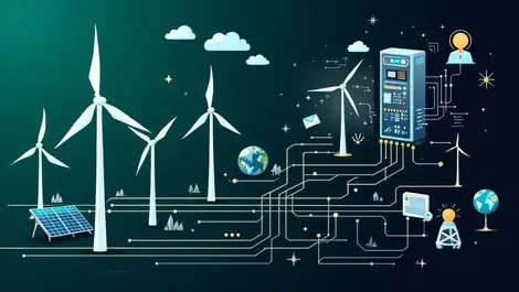 Digital control center with wind turbines and solar panels clean energy
