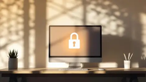 Realistic photo computer workstation office lock symbol cybersecurity nz business