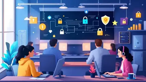 Students working computers cybersecurity icons shields padlocks server classroom