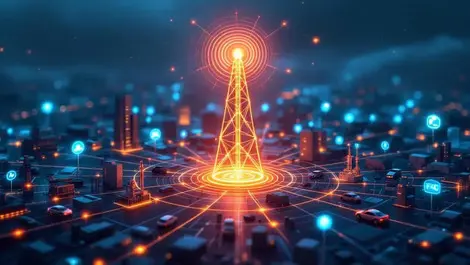 Glowing 5g wireless network tower radiating signals iot devices cityscape global connectivity