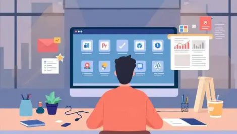 Computer dashboard person managing software icons direct control publishing