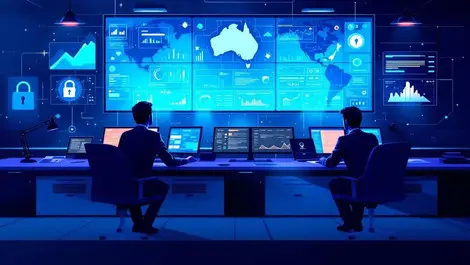 High tech security operations center analysts monitoring threat data australia nz