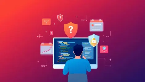 Software developer analyzing clean organized code surrounded by shields ai security flaw detection
