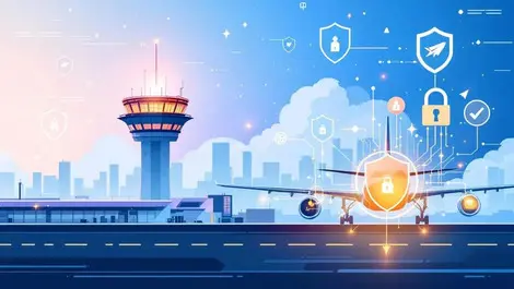 Airport control tower airplane digital shield security aviation vigilance