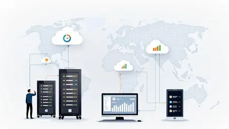 Realistic illustration cloud icons connected servers computer screens analytics world map global reach digital connectivity
